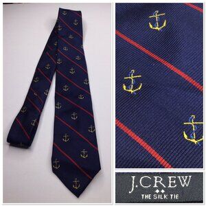 J Crew Mens Navy Silk Tie Nautical Red Stripes Yellow Anchor Pattern Preppy